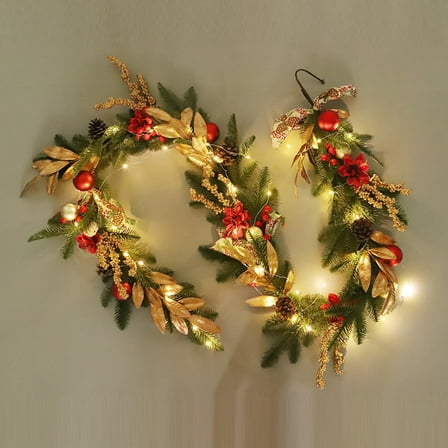 6 Ft Artificial Christmas Garland - Pine Needle Leaf Garland, with Gold Leaf & Red Berry, Xmas Vine, Christmas Decorations, for Door Wall Fireplace