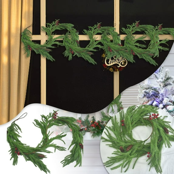 6 Ft Artificial Pine Christmas Garland with Pine Cones and Berries Winter Green Greenery Garland for Table Mantle Wall Indoor Outdoor Holiday Decorations Fireplace Stairs Decor