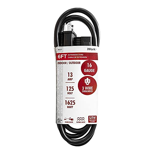 6 Ft Black Extension Cord Outdoor 3 Prong 16/3 Sjtw Heavy Duty, Three