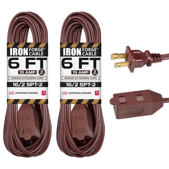 Iron Forge Cable 2 Pack 6 ft Brown Extension Cord with 3 Outlets - 16/2 SJTW 2 Prong Indoor Extension Cord with Multiple Outlets