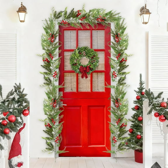 6 Ft Christmas Garland, Artificial Cedar Garlands with Berry & Poinsettia, Winter Greenery Garlands Eucalyptus Plant Vines for Holiday Season Mantel Fireplace Table Runner Centerpiece Decor