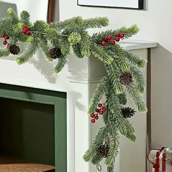 6 Ft Christmas Garland Christmas Pine Strip Rattan Hanging Decorations, Artificial Christmas Green Garland, Decorated with Pine Cones, Berry Clusters, Christmas Collection