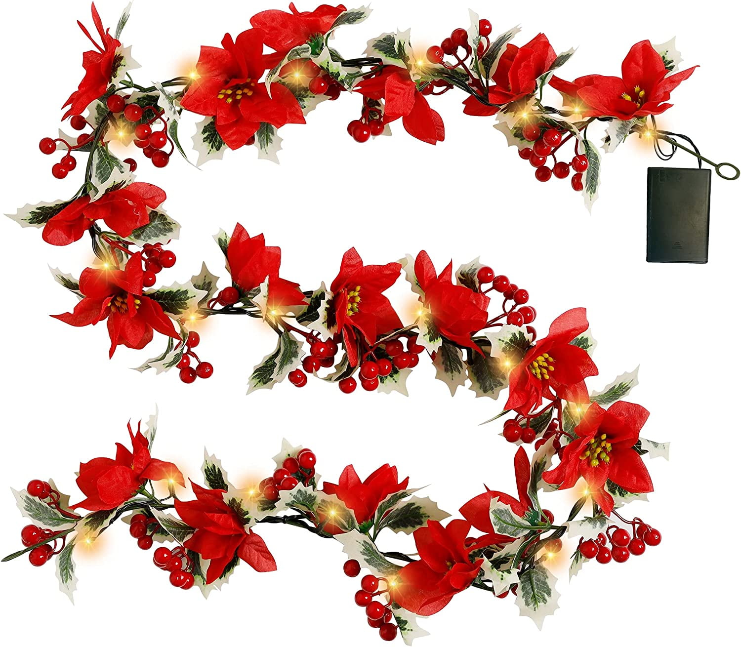 6 Ft Christmas Garland Lighted Decorations, Artificial Flowers Red