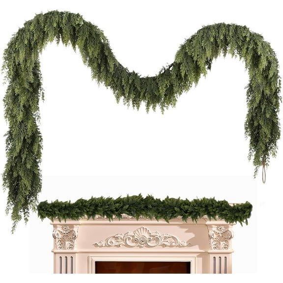 6 Ft Christmas Garland Thick - Faux Norfolk Cedar Garland Vine, Real Touch Cedar Cypress Leaves Rattan, Christmas Decoration for Fireplace Front Door Wall