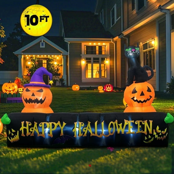10Ft Long Halloween Inflatable Decorations with LED Lights, Happy Halloween Sign with Pumpkin and Cat for Yard Lawn Yard Home Party Indoor Outdoor