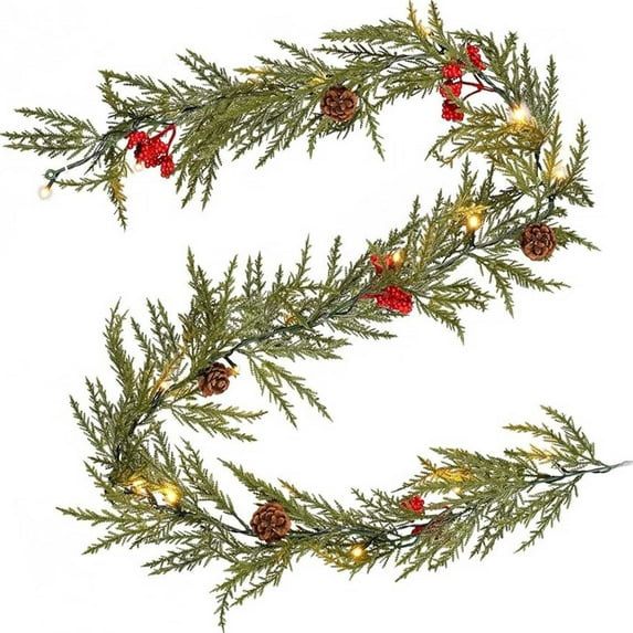 6 Ft Christmas Norfolk Pine Garland with LED Light String, Real Touch Pinecone Berry Garland Ornament, Artificial Pines Greenery Vines for Fireplace Indoor Outdoor Christmas Decor