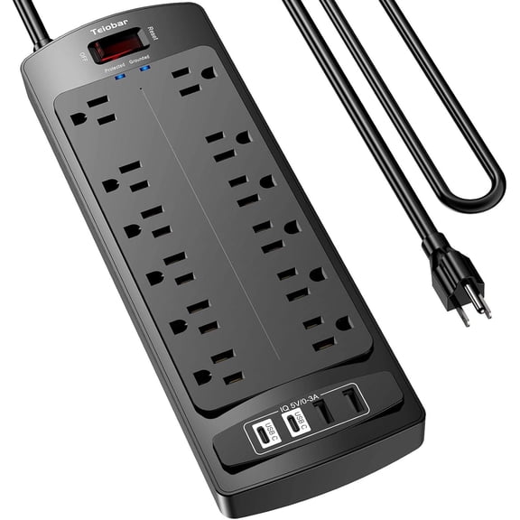 6 Ft Extension Cord Power Strip, Sur Protector with 12 AC Outlets and 4 USB Ports for Home, Office, Dorm Essentials, 1875W/15A, 2700 Joules, ETL Listed, Black