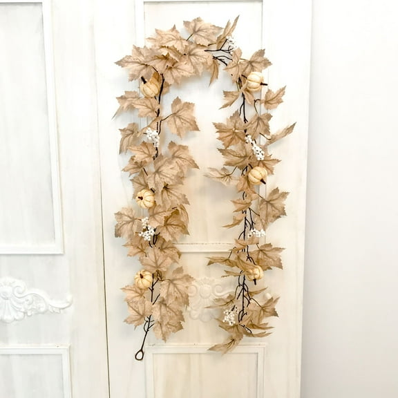 6 Ft Fall Garland - Beige Autumn Maple Leaf Garland, with Pumpkin, Fall Decor for Thanksgiving Mantel Porch Indoor Outdoor, Thanksgiving Decor