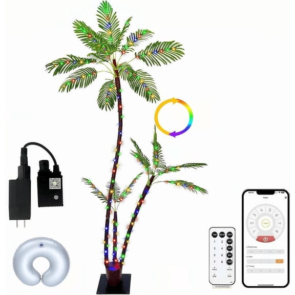 6 Ft Lighted Artificial Palm Tree with Three Trunks 212 LED Lights Remote and App Control Warm White to Multicolor