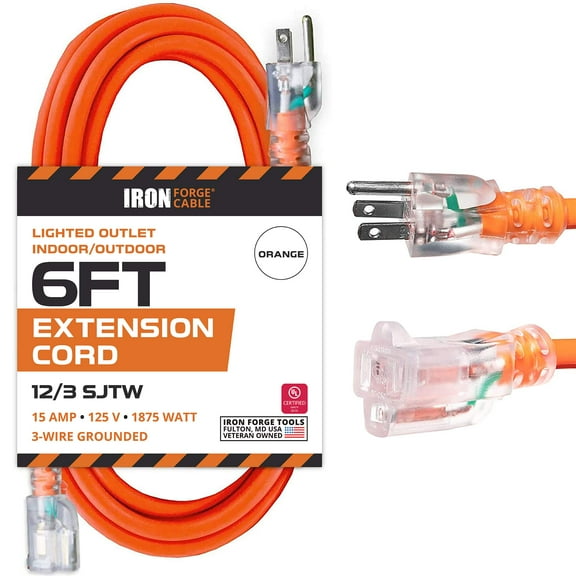 Iron Forge Cable 12 Gauge Extension Cord 6 ft, 12/3 SJTW 6 Foot Heavy Duty Extension Cord Outdoor 3 Prong, Weatherproof Orange Power Cable 15 Amp, Great for Major Appliances