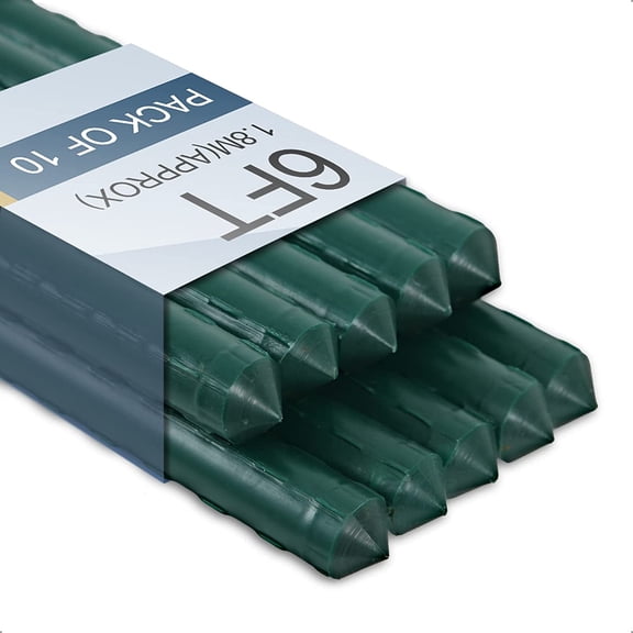 6 Ft Metal Plant Stakes with Green Anti-UV Coating 0.78 Inch Diameter 10 Pack