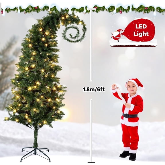 6 Ft Nightmare Before Bent Top Christmas Tree with String Lights Bendable Whimsical Crooked Slim Xmas Tree Holiday Witch Party Decorations Supplies for Home Room (Green)