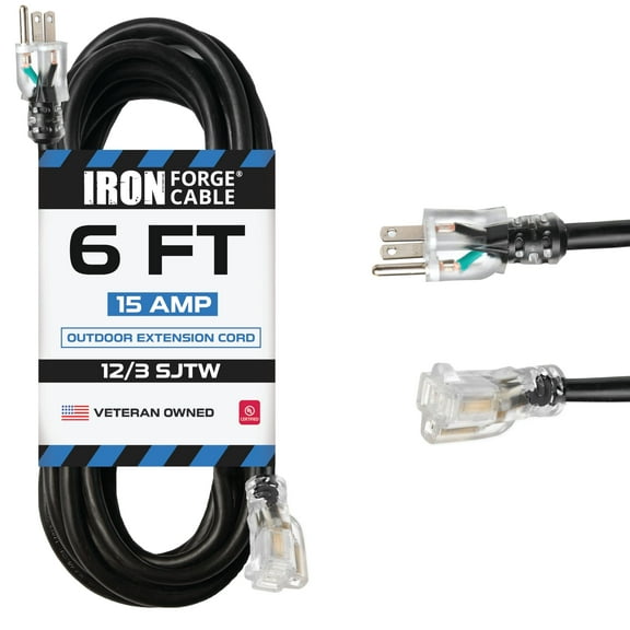 Iron Forge Cable 12 Gauge Outdoor Extension Cord 6 Ft, SJTW 12/3 Heavy Duty Extension Cord 3 Prong, Flame Retardant Black Electric Cable - Lighted End