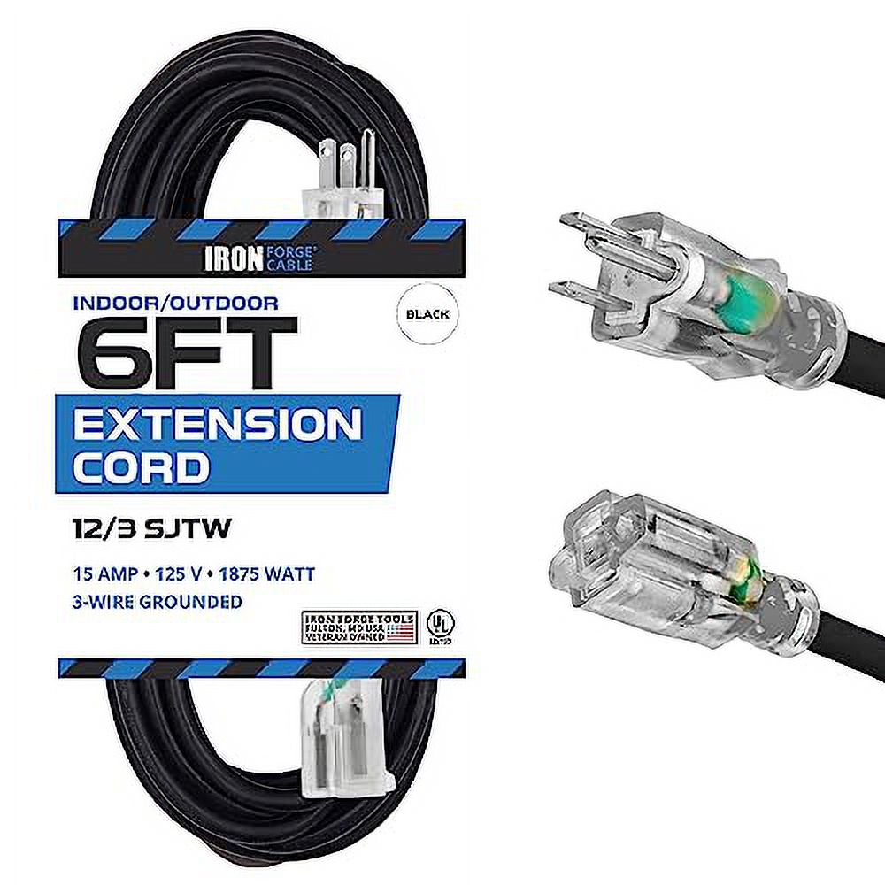 6 Ft Outdoor Extension Cord 12/3 SJTW Heavy Duty Black Cable with 3
