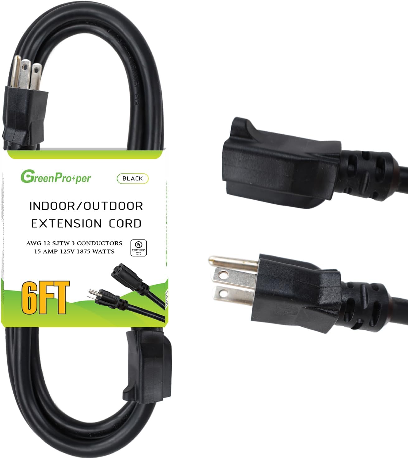 6 Ft Outdoor Indoor 12 Gauge Extension Cord, 12/3 15 AMP SJTW Heavy