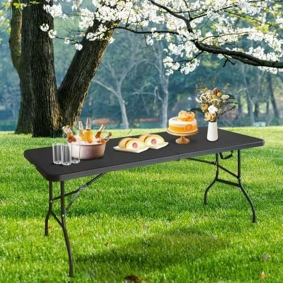 Joyspirit 6 Ft Plastic Folding Table, Portable Fold-in-Half Table with Iron Legs, Carrying Handle, Outdoor Rectangular Fold Out Table for Dining, Picnic, Party, Camping, Barbecues, Black