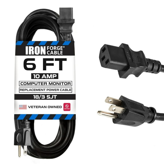 Iron Forge Cable 2 Pack of 6 Ft Power Cords for TV Computer or Monitor (NEMA 5-15P to C13) - 18/3 Replacement Audio & Video Power Cable, Black