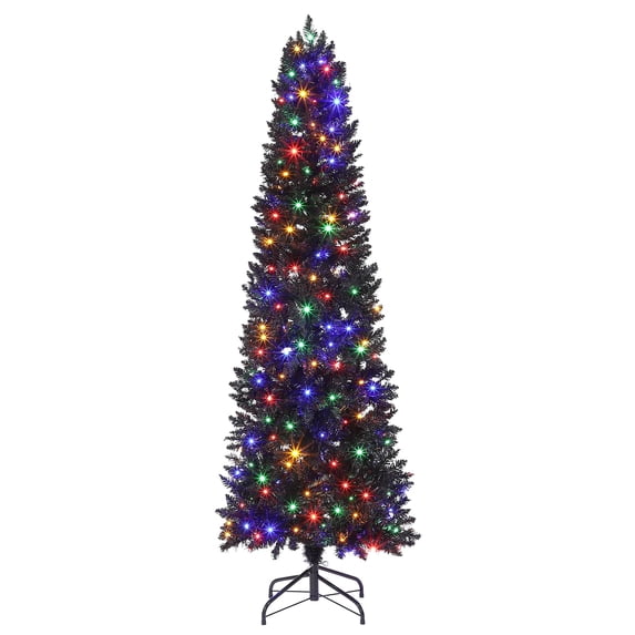 6 Ft Pre-Lit Black Halloween Christmas Tree, Slim Artificial Pencil Christmas Tree with 250 Colorful LED Lights, 8 Lighting Modes, 571 Tips, Lighted Hinged Skinny Xmas Tree