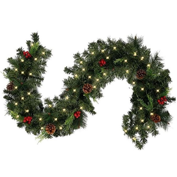 6 Ft Pre-Lit Christmas Garland with 30 LED Lights, Red Berries and Pinecones for Mantel Staircase Front Door Window and Holiday Decor