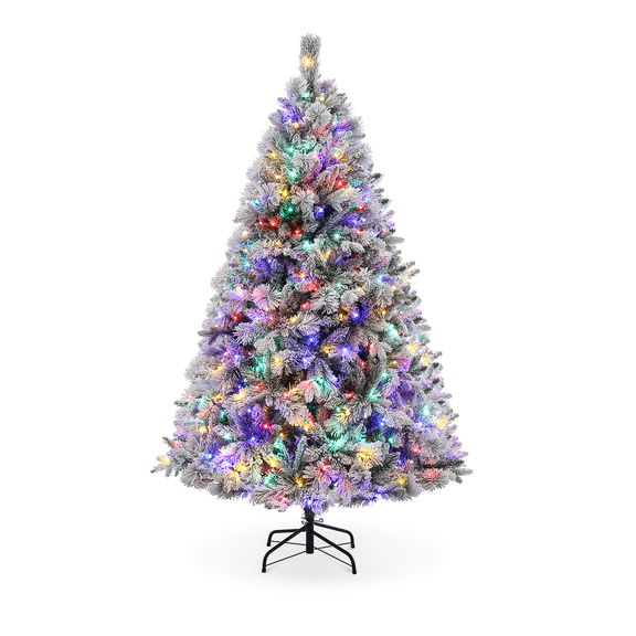 6 Ft Pre-Lit Flocked Artificial Christmas Tree - with 400 Multicolor LED Lights & 850 Branch Tips, Hinged Design for Home, Office & Party Decor