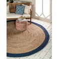 thumbnail image 1 of 6 Ft Round Navy Blue & Natural Jute Area Rug, Hand-Woven, Reversible, Farmhouse Boho Style, Durable & Pet-Friendly Rug for Living Room, Dining Room, and Bedroom, 1 of 5