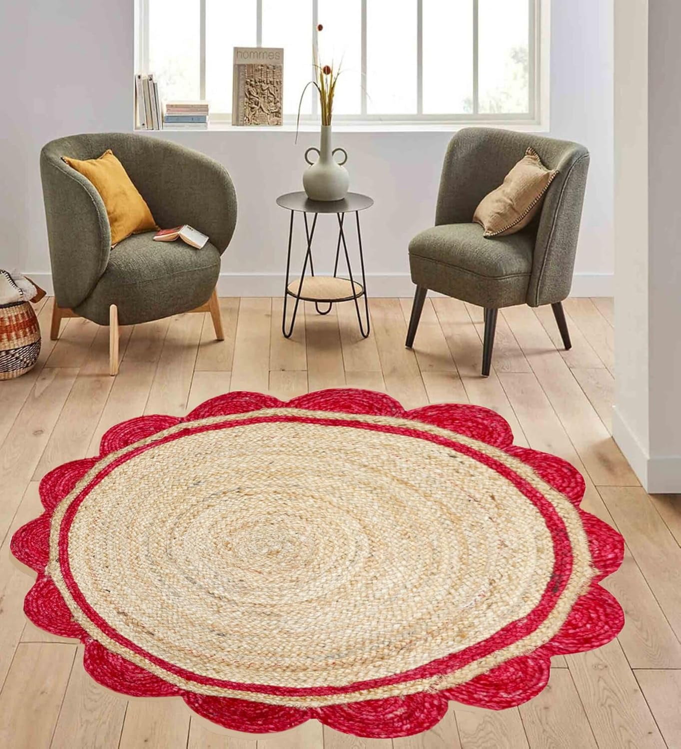 6 Ft Round Red & Natural Jute Premium Scalloped Jute Rug – Handcrafted ...