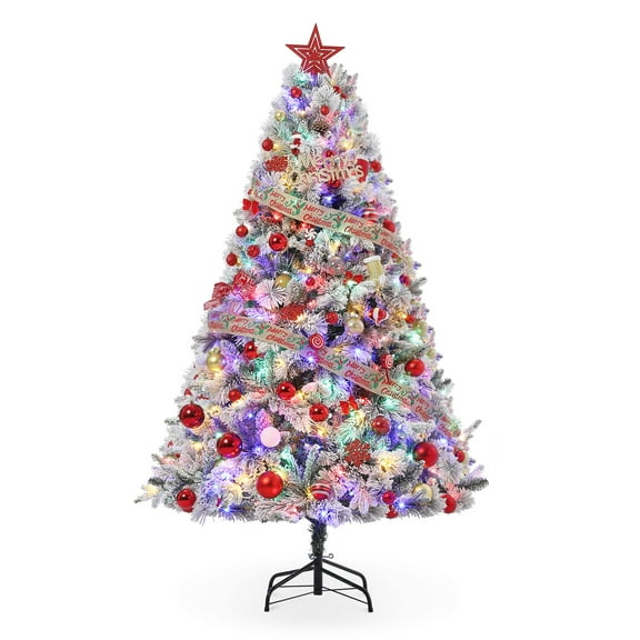 6 Ft Snow Flocked Prelit Christmas Tree for Family, 400 Dynamic Colorful Lights, 850 Frosted Lifelike Branches, Artificial Christmas Tree with Metal Stand for Indoor Outdoor Decor