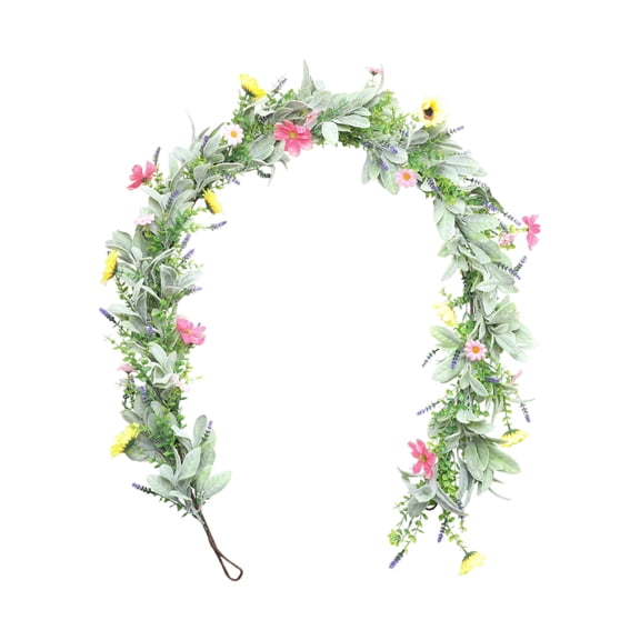 6 Ft Sunflower Easter Garland - Lavender Chrysanthemum Vine - Front Door Wall Hanging - Spring Festival Plant Ornament Artificial Rabbit Ear Leaf Home Party Fireplace Display Prop Art Decoration