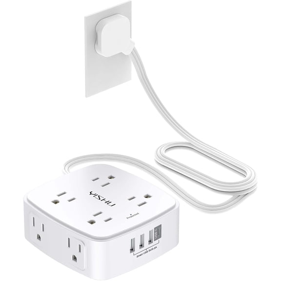 6 Ft Sur Protector trip - 8 Widely Outlets with 4 USB Ports, 3 Side Outlet Extender with 6 Feet Flat Extension Cord, Ultra Flat Plug, Wall Mount, Desk USB Charging Station, ETL, White