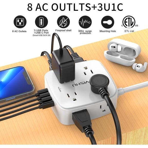 6 Ft Surge Protector Power Strip - 8 Widely Outlets with 4 USB Ports, 3 Side Outlet Extender with 6 Feet Extension Cord, Flat Plug, Wall Mount, Desk USB Charging Station, ETL,White