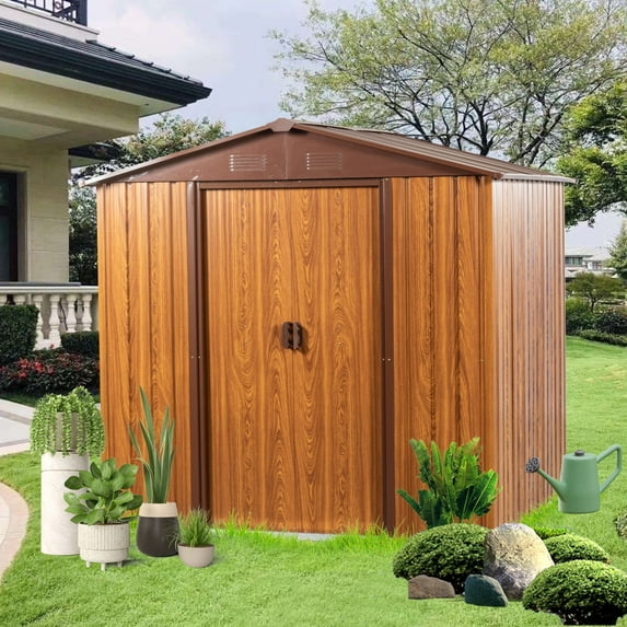 6 Ft. W X 6 Ft. D Metal Storage Shed Appealing horizontal siding in woodgrain with coffee trim to complement 71035