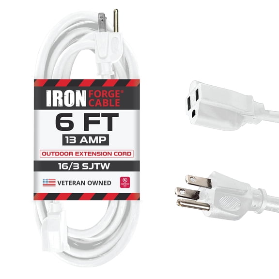 Iron Forge Cable Weatherproof 6 Ft Outdoor Extension Cord - 16/3 SJTW Heavy Duty White Extension Cord 3 Prong - 13 Amp Exterior Power Cable