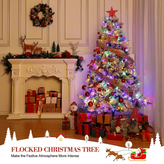 6 Ft White Flocked Pre-Lit Christmas Tree, Artificial Xmas Tree with 400 Multicolor Led Lights & 850 Branch Tips, Hinged Faux Christmas Tree for Home Party Office Decorations