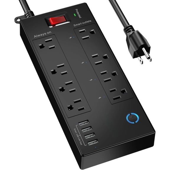 6 Ft WiFi Surge Protector - 8 Outlet Extension Cord with 4  & 4 Always  Outlets, 4 USB Ports, Alexa &   Compatible, Black