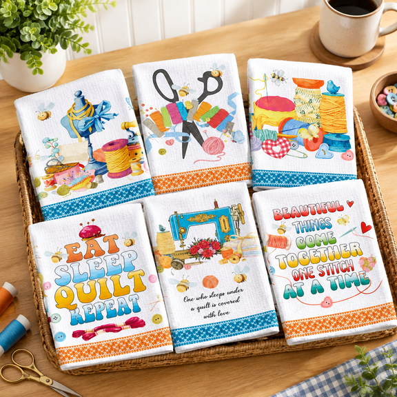 6 Fun Sewing Kitchen Towels Quilting Gifts For Women Funny Dish Hand Orange Blue Cloth House Decorative Farmhouse Tea Absorbent Ho