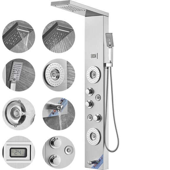 6-Function Shower Panel Tower with Rainfall Shower Head, Body Jets, LED Display, and Handheld Sprayer - 59" Stainless Steel Wall Mounted Shower System