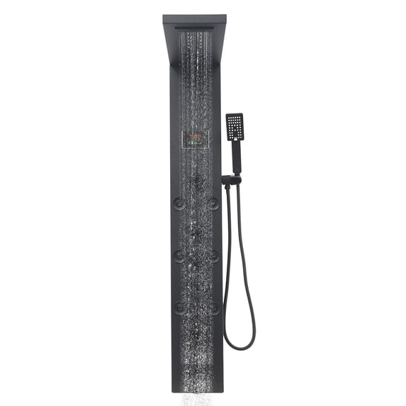 6-Function Wall-Mounted LED Shower Panel Tower System, Smart Shower Column with Rainfall Waterfall Head, Handheld Spray Tub Spout (Black)