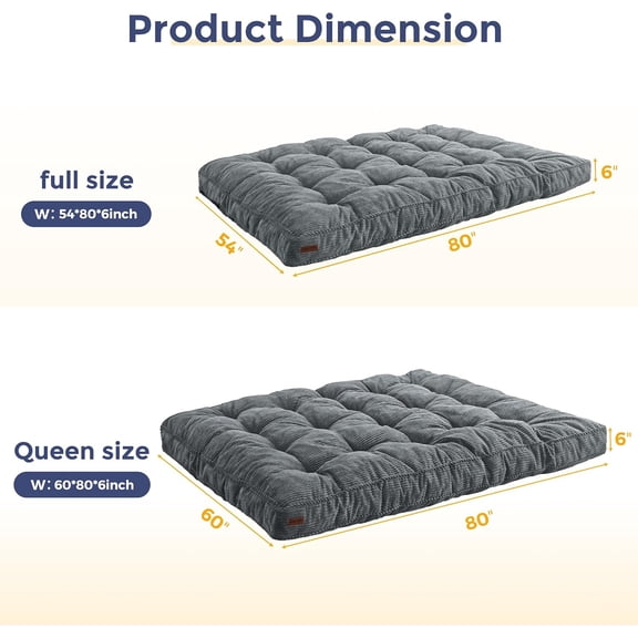 6" Futon Mattress Full Size, Tufted Futons Sofa Couch Bed with Twisted Rope Design Edging, Thick Corded Fabric Floor Mattress for Adults, Shredded Foam Filling (Frame Not Included), Dark Grey