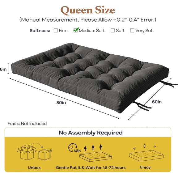 6" Futon Mattress Queen Size, Futons Sofa Couch Bed with Straps, Thick Corduroy Fabric Floor Mattress for Adults, Foldable Mattress with Shredded Foam Filling (Frame Not Included), Grey