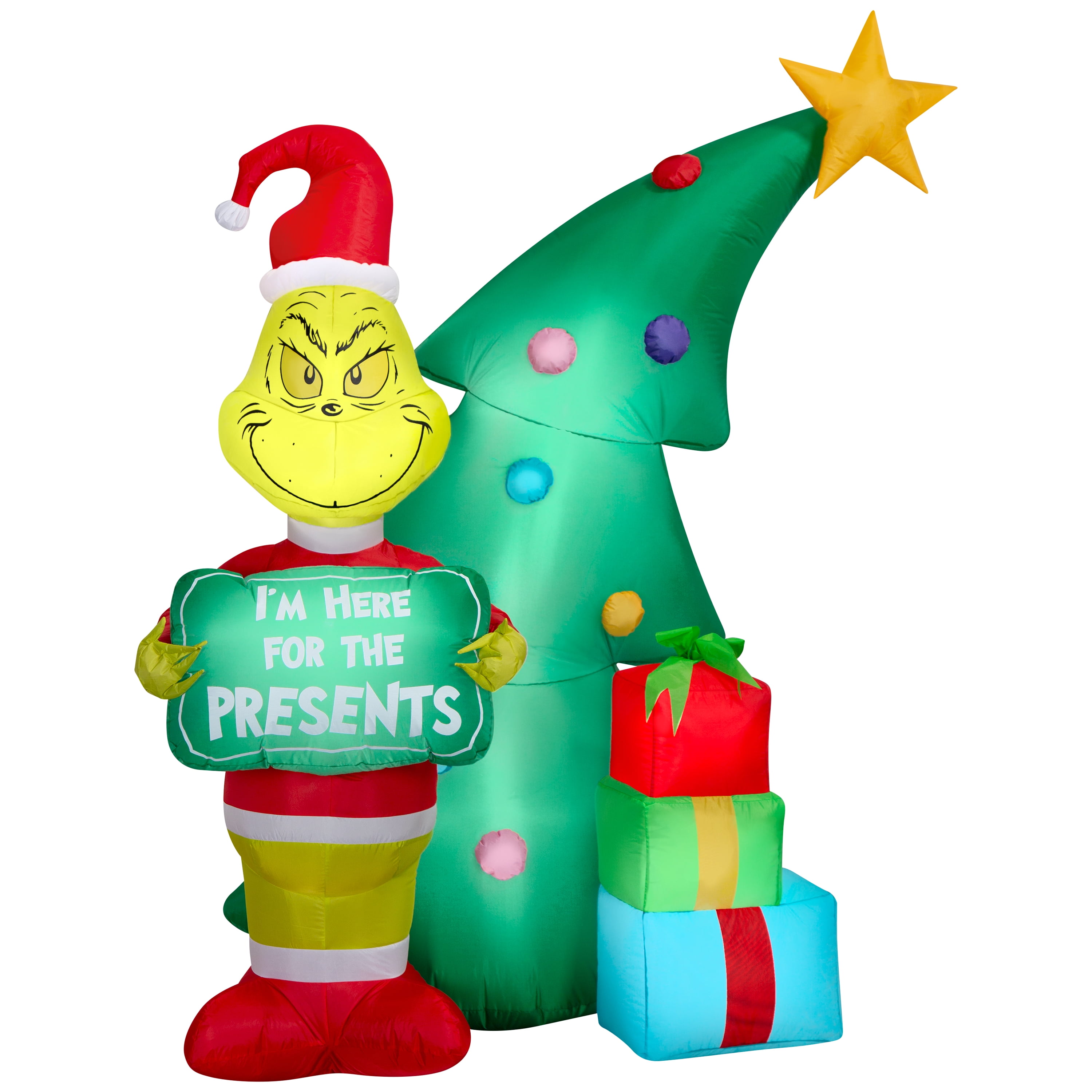 The Grinch with Christmas Tree and Gift Boxes LED Light-Up Outdoor Yard Inflatable, 6 ft