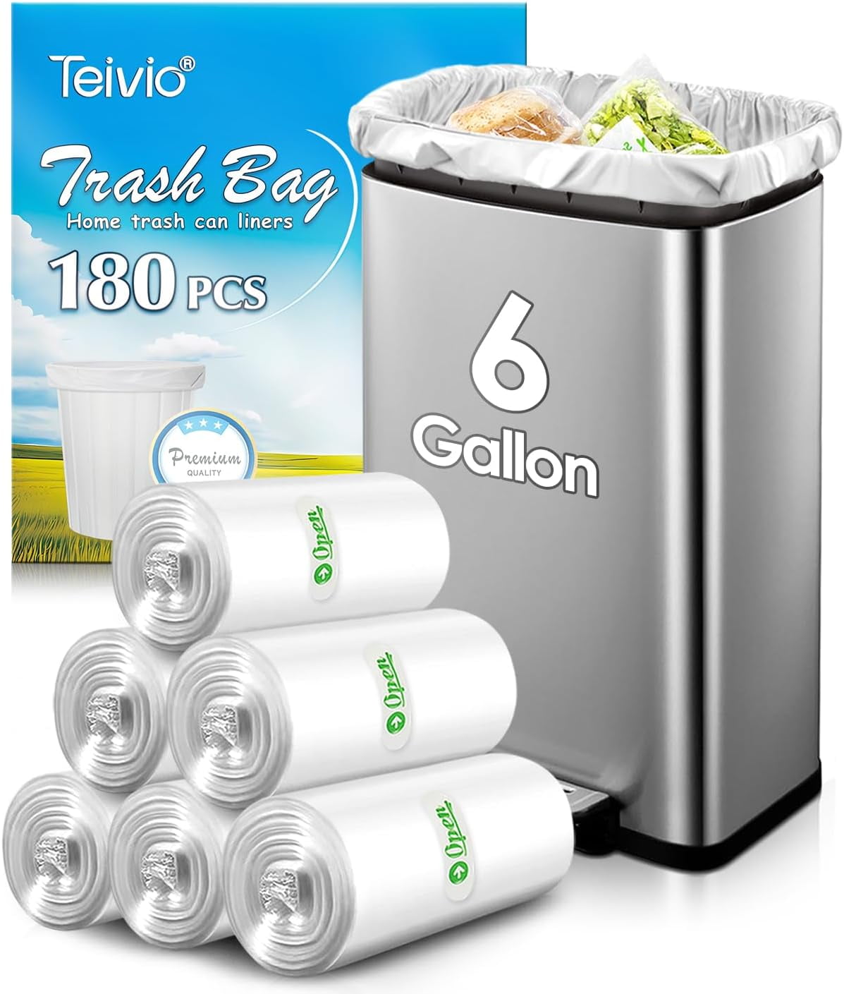 6 Gallon 180 Counts Strong Garbage Bags Trash Bags, Bathroom Can Bin Liners, Plastic for home office kitchen, Clear