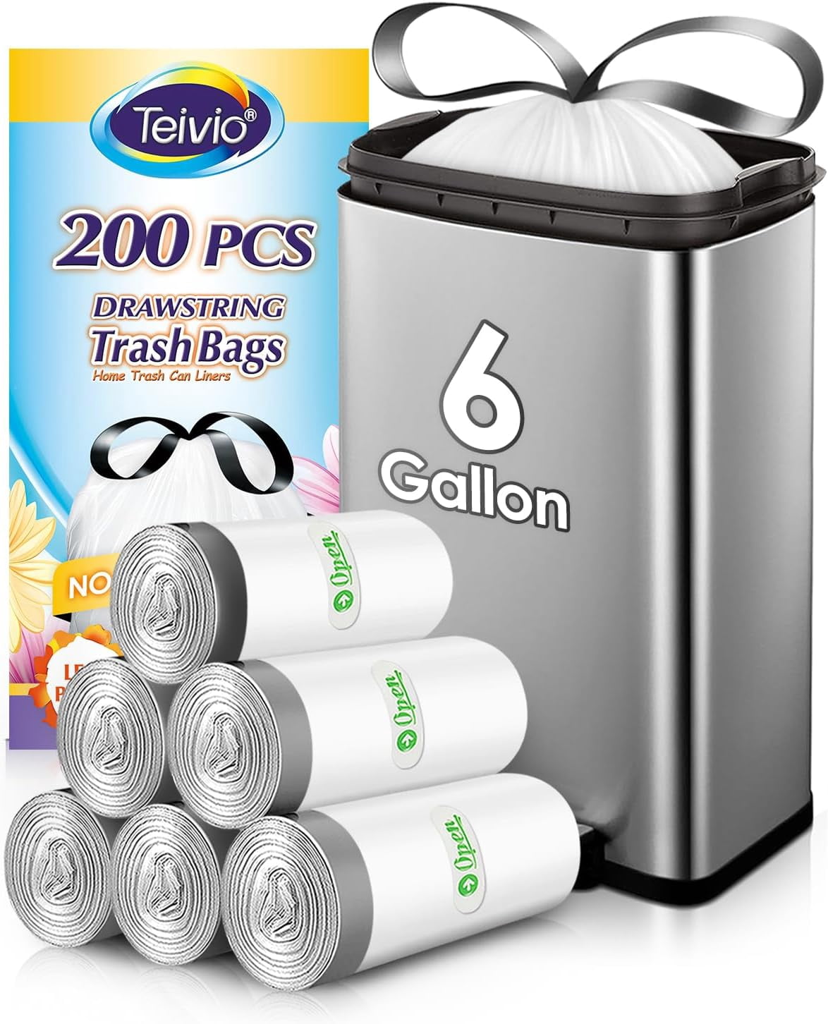 6 Gallon 200pcs Strong Drawstring Trash Bags Garbage Bags, Bathroom Trash Can Bin Liners, Plastic Bags for home kitchen office, White