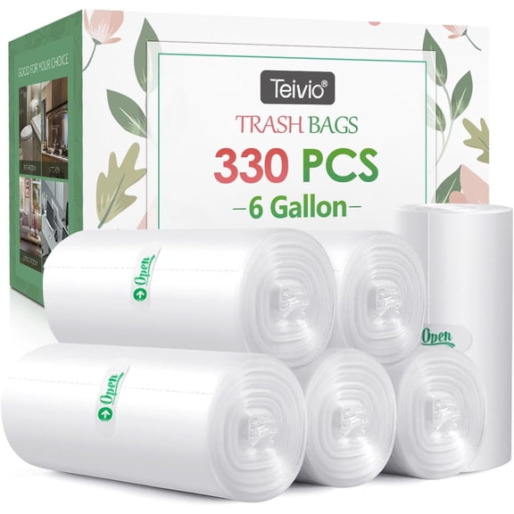 6 Gallon 330 Counts Strong Trash Bags Garbage Bags by , Bathroom Trash Can Bin Liners, Plastic Bags for home office kitchen, Clear