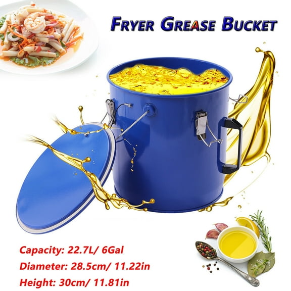 6 Gallon Fryer Grease Bucket Steel Oil Container with Filter Bag Blue