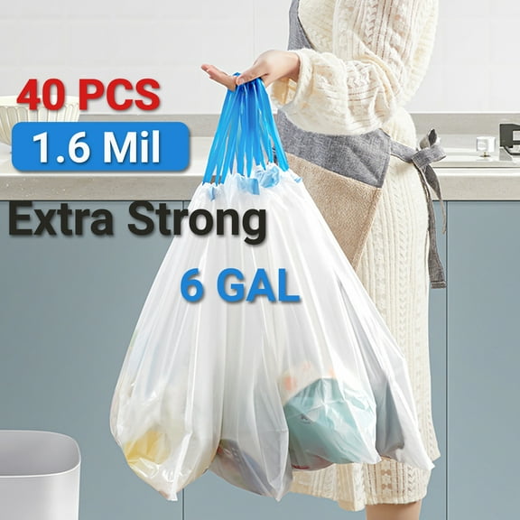 Extra Strong 6 Gallon Trash Bags Drawstring 1.6 Mil - 40 Count 22 Liter Small Garbage Bags for Bathroom, Strong White Unscented Plastic Wastebasket Bin Liners for Toilet Office and Bedroom
