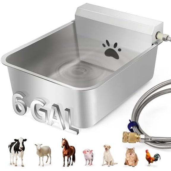 6 Gallons Automatic Animal Water Dispenser X-Large Stainless Steel Outdoor Waterer Bowl Dispenser for Dogs & Chicken, Auto Fill Livestock Water Trough with 2m Hose(13.6"x17"x9")$$Garden & Patio