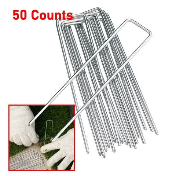 6" Galvanized Garden Tent Stakes Staples U-Shaped Pins for Landscaping, Sod Anchoring, and Irrigation, Perfect for Festive Halloween Decor (50 Count, Silver)