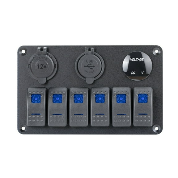 6 Gang Marine Rocker Switch Panel Waterproof 12 Volt, Boat Toggle Switch Panel 12V Blue LED Lighted for Boat Car RV UTV