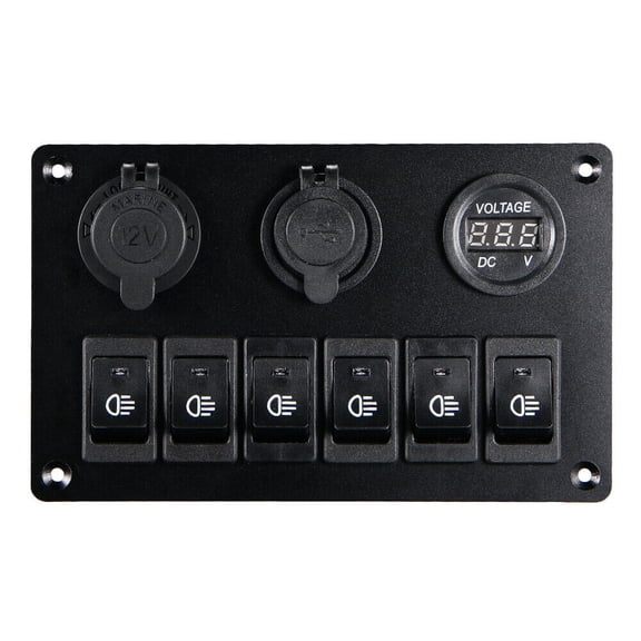 6 Gang Switch Panel with 12V-24V LED Digital Voltmeter Dual USB Charger Lighter Socket for RV Truck Boat SUV