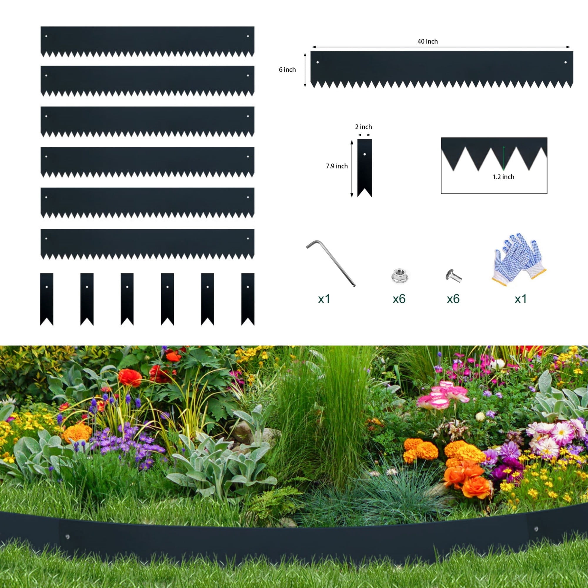 6" Garden Border Edging for Landscaping Metal DIY Flower Bed Landscape Strips Garden Divider Hammer-in Stakes Edge for Lawn Grass Plant Yard Outdoor Pathway 20FT, Black